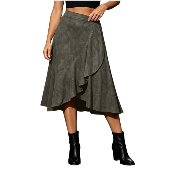 Women's High Waisted Skirts Asymmetrical Ruffle Flowy Business Casual Work Midi Skirt Dark Gray S(S)