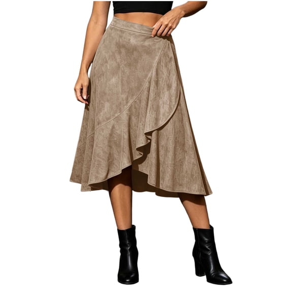 Women's High Waisted Skirts Asymmetrical Ruffle Flowy Business Casual Work Midi Skirt Khaki L(L)
