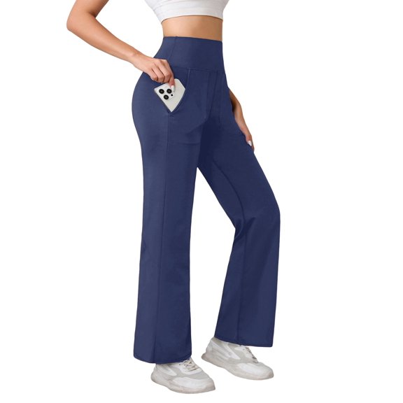 Women's High-Waisted Slim Fit Yoga Pants - Solid Color Casual Workout Leggings With Pockets, Navy Blue Size XL