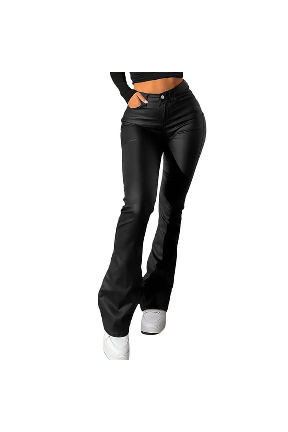 womens pants flare leather Women's High Waisted Solid Color Hip Lifting Leather Pants Elastic Pants Flared Trousers