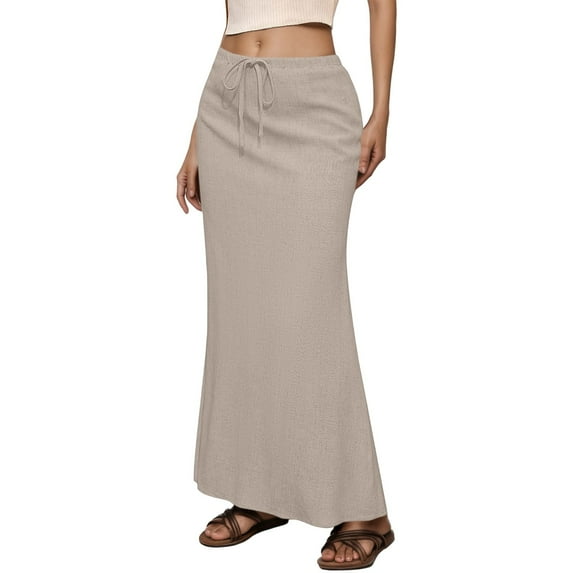 Women's High Waisted Split Hem Bodycon Pencil Skirt with Drawstring Elastic Waist Flowy Maxi Skirt for Casual