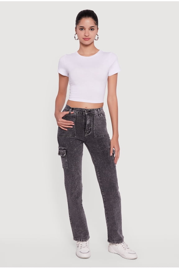 Women's High Waisted Straight Leg Acid Wash Jeans