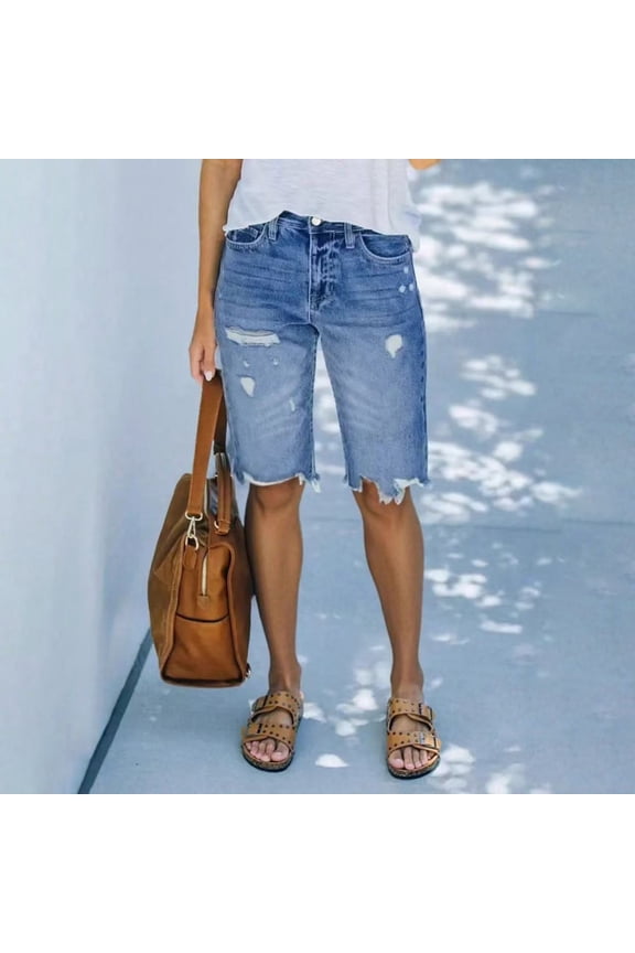 Women's High Waisted Straight Leg Bermuda Denim Shorts Ripped Frayed Hem Loose Casual Jean Shorts Blue XL