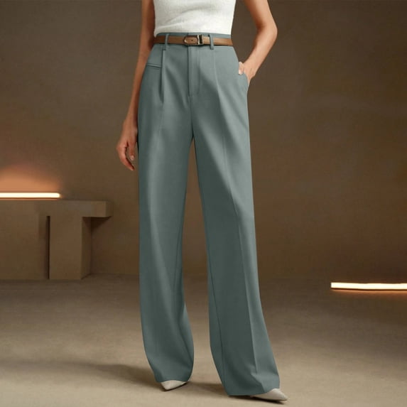 Women's High Waisted Straight Leg Dress Pants, Business Casual Work Slacks for Women, Solid Color Relaxed Fit Trouser Pants for Spring Summer Work Travel Navy L
