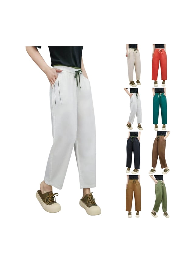 Women's High Waisted Straight Leg Harem Pants, Trousers Slacks Bottoms, Solid Color Linen Blend Elastic Waistband Relaxed Fit, Casual Daily Lounge Wear Travel Essentials for Women