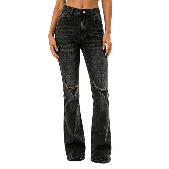 Women's High Waisted Straight Leg Jeans Distressed Black Denim Cuffed Casual Pants