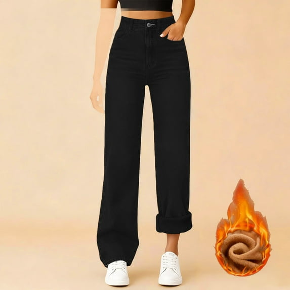 Women's High Waisted Straight Leg Jeans, Fleece Lined Warm Winter Jeans, Bootcut Denim Pants for Everyday Wear, Cold Weather and Versatile Outfits Black L