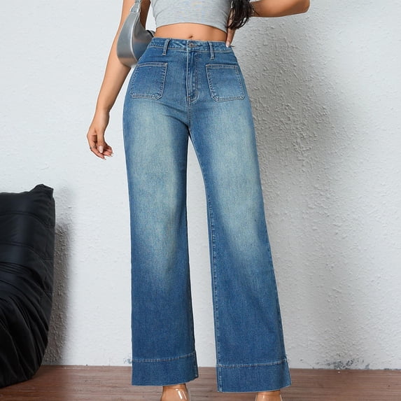 Women's High Waisted Straight Leg Jeans Pants Trousers Solid Color Stretchy Elastic Waistband Casual Daily Work Office Lounge Wear Travel Essentials for Women | Aestivo,Blue L