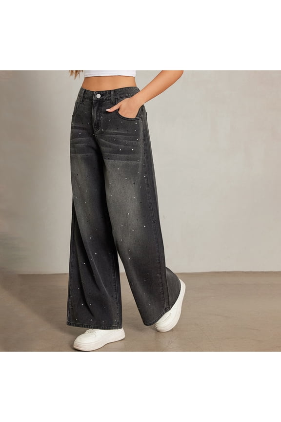 Women's High Waisted Straight Leg Jeans Wide Leg Casual Baggy Sequin Denim Pants