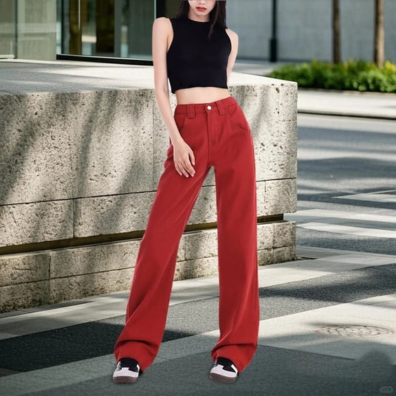 Women's High Waisted Straight Leg Jeans Wide Leg Denim Pants Solid Color Comfort Stretch Casual to Semi-Formal Utility Pocket Five-Pocket Design Everyday Versatile Wear Wine XXXL