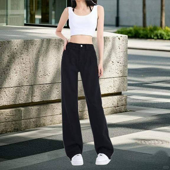 Women's High Waisted Straight Leg Jeans Wide Leg Denim Pants Solid Color Comfort Stretch Casual to Semi-Formal Utility Pocket Five-Pocket Design Everyday Versatile Wear Black S