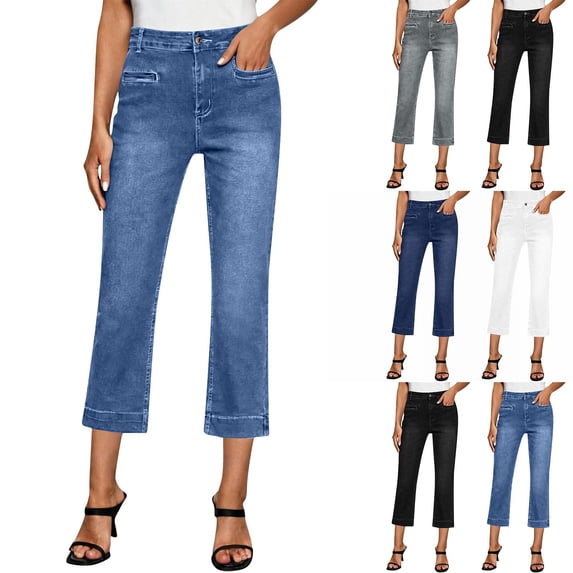 Women's High Waisted Straight Leg Pants Cropped Summer Fashion Casual Work Jeans with Pockets by Yigetop Dark blue M