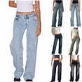 thumbnail image 1 of Women's High Waisted Straight Leg Pants Jeans Trousers Bottoms Solid Color Button Fly Zipper Pockets Casual Work Office Business Travel Commuting Essentials for Women | Aestivo,Blue L, 1 of 8