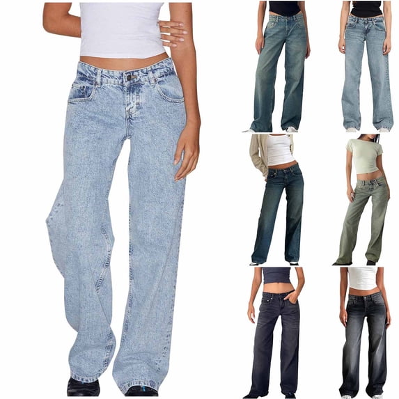 Women's High Waisted Straight Leg Pants Jeans Trousers Bottoms Solid Color Button Fly Zipper Pockets Casual Work Office Business Travel Commuting Essentials for Women | Aestivo,Blue L