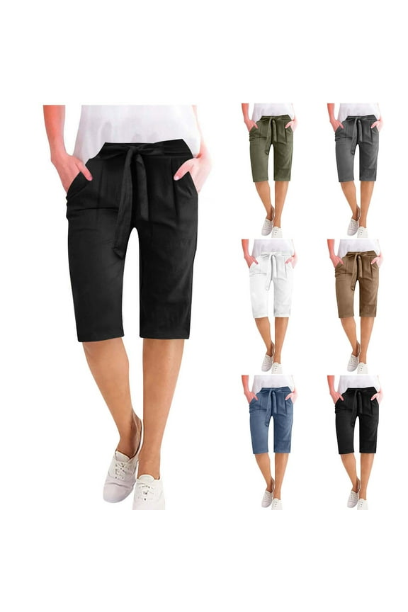Women's High Waisted Straight Leg Pants Trousers Slacks with Tie Front Pockets, Plus Size Business Casual Work Office Pants, Elastic Waistband Stretchy Flowy, Solid Color Professional Dress Pants for