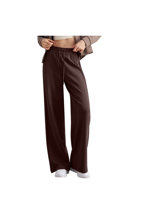 Women's High Waisted Straight Leg Sweatpant Comfy Interior Drawstring Workout Sweat Pants Pocket Brown M