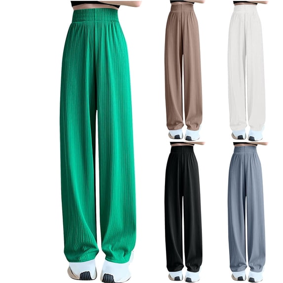 Women's High Waisted Straight Leg Wide Leg Pants, Ice Silk Lightweight Loose Floor Length Trousers Slacks, Solid Color Flowy Breathable Soft Casual Daily Lounge Wear Travel Essentials