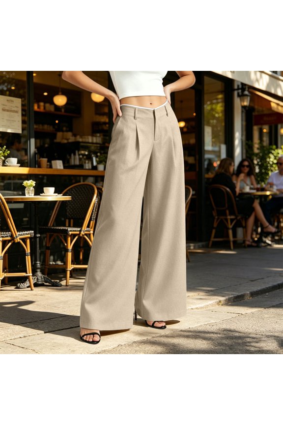 Women's High Waisted Straight Wide Leg Dress Pants, Business Casual Trousers for Office or Daily Wear, Flattering and Comfortable Fit Beige L