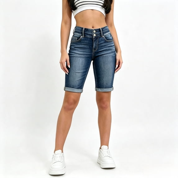 Women's High Waisted Stretch Denim Bermuda Shorts with Rolled Cuffed Hem and 2-Button Closure, Dark Blue Wash Slim Fit Summer Jean Shorts