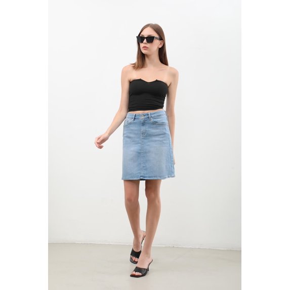 Women's High Waisted Stretch Denim Midi Skirt, Light Blue, Size S