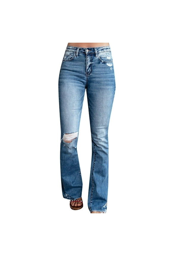 Women's High Waisted Stretch Jeans Retro Slim Fit Micro Bottoms with Distressed Holes Comfortable Denim Pants