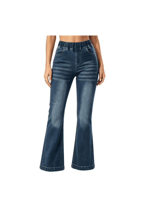 Women's High Waisted Stretch Pull On Flare Jeans, Dark Wash, with Elastic Waistband, Faded Detail and Wide Hem, Casual Bootcut Pants