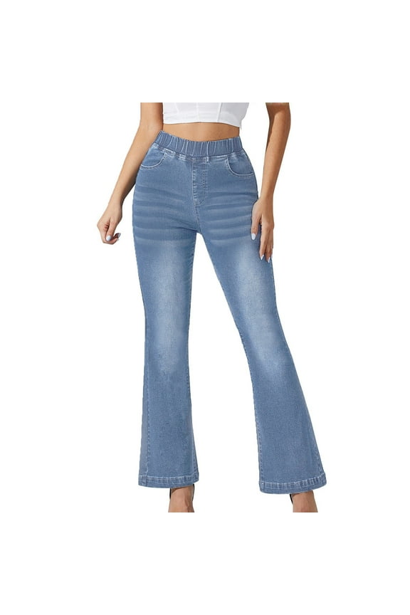 Women's High Waisted Stretchy Bootcut Jeans Pull On Flare Denim Pants Comfortable Elastic Waist