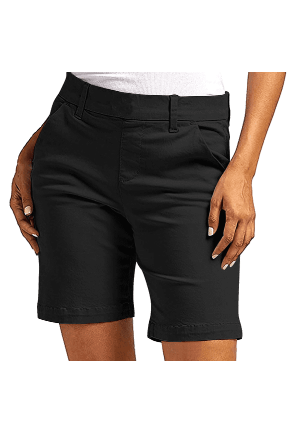 Women's High Waisted Stretchy Chino Bermuda Shorts, Comfy Pull-On Knee Length Summer Long Shorts for Women, Black S