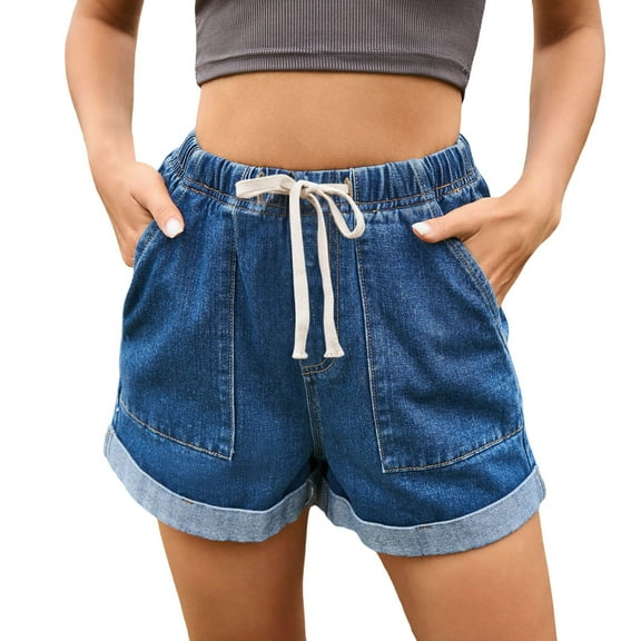 Women's High Waisted Stretchy Denim Bermuda Ripped Jeans Shorts Lace Up Elastic Waisted Casual Roll Up Denim Summer Flowy Shorts S-2XL