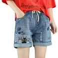 thumbnail image 1 of Women's High Waisted Stretchy Denim Bermuda Ripped Jeans Shorts Summer National Wind Embroidery Sloping Thin Loose Old Waist Denim Trendy Casual Shorts M-XL, 1 of 3