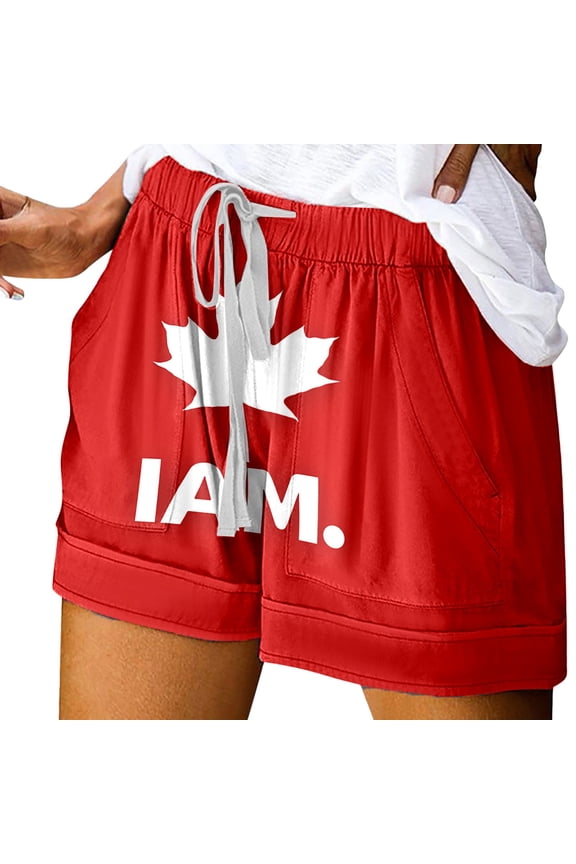 Women's High Waisted Stretchy Denim Bermuda Shorts Summer Canada Day Print Tie Waist Elastic Band Baggy Dressy Casual Womens Jorts with Pockets S-2XL