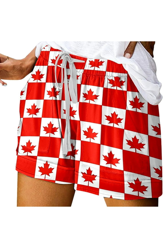 Women's High Waisted Stretchy Denim Bermuda Shorts Summer Canada Day Print Tie Waist Elastic Band Casual Summer Jean Shorts with Pockets S-2XL