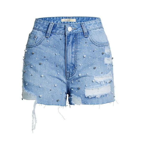 Women's High Waisted Stretchy Summer Ripped Jeans Shorts Jeans Solid Color Pearl Studded Bead Drill Casual Jean Shorts S-3XL