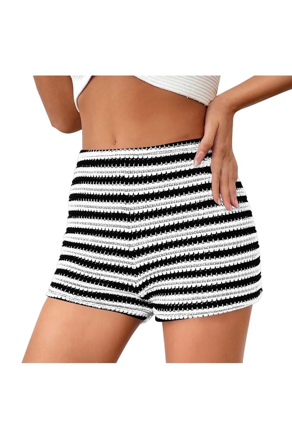 Women's High Waisted Striped Knit Shorts Textured Crochet Beach Cover Up Shorts Casual Summer Boho Shorts