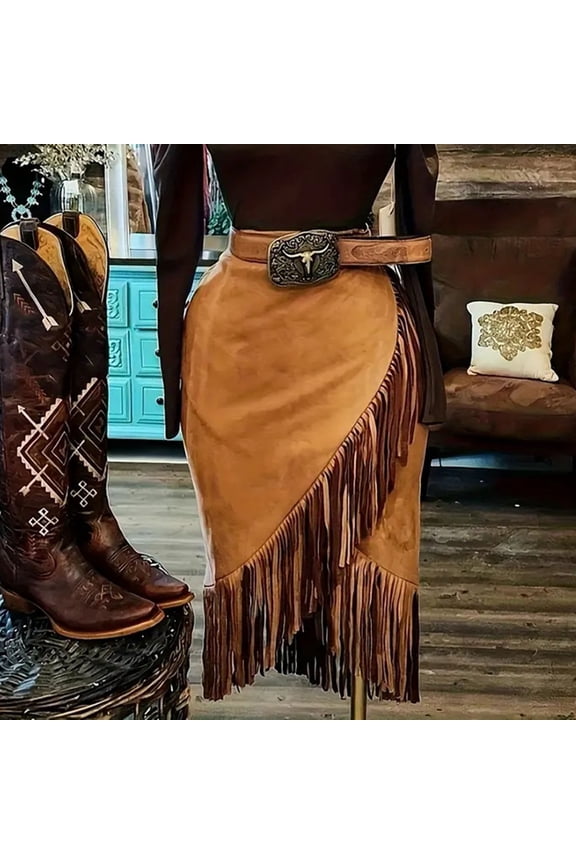 Women's High Waisted Suede Midi Skirt Asymmetric Fringe Hem Tassel Wrap Bodycon Western Cowgirl Style Skirts with Belt Loop For Country Concert Party Date Night