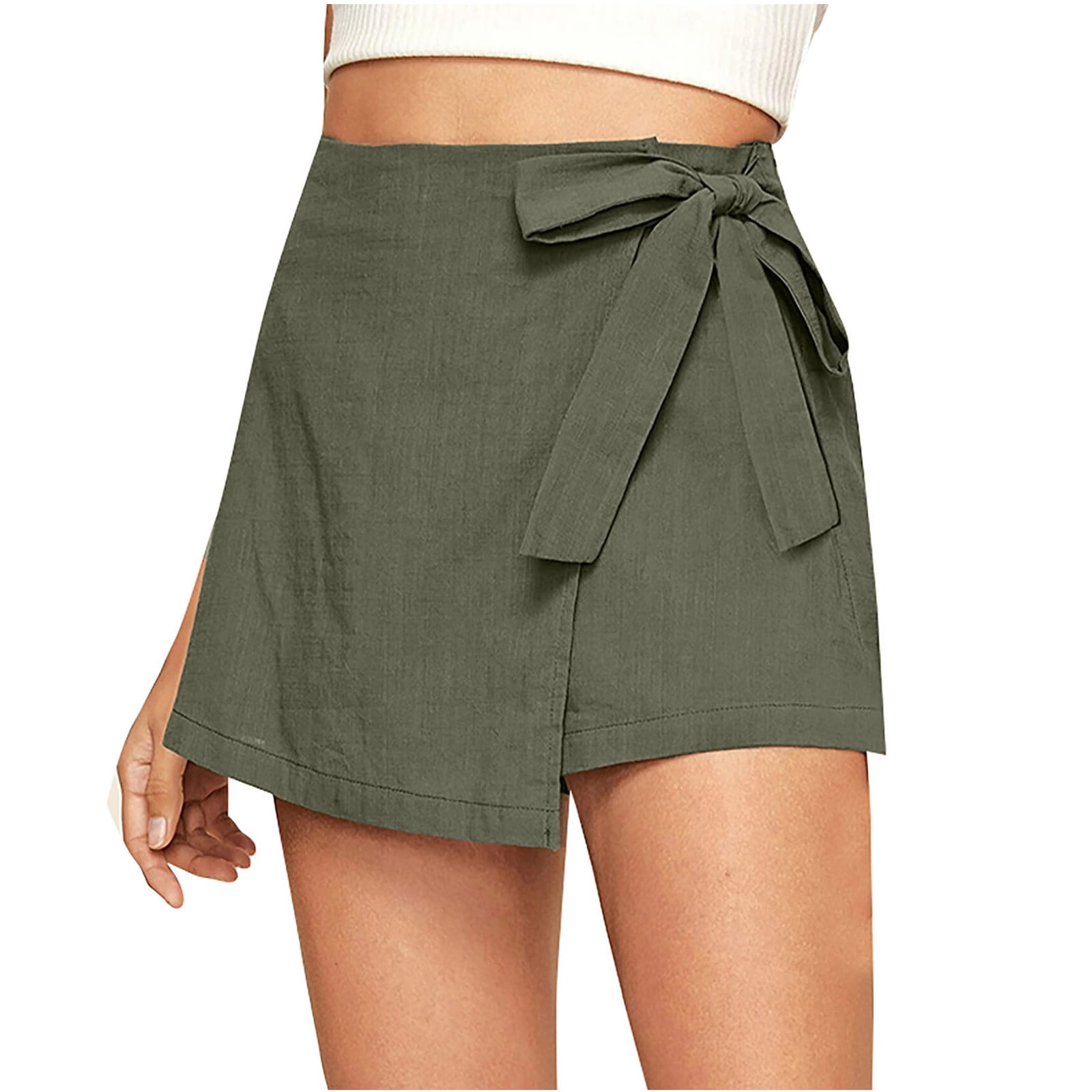 Women's High Waisted Summer Shorts Skirt Solid Color Casual Comfy Beach  Linen Cotton Side Knotted Mini Skort Skirt