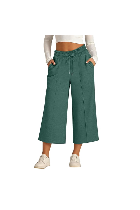 Women's High Waisted Sweatpants, Cropped Wide Leg Joggers with Elastic Drawstring, Casual Lounge Pants for Women, Soft Athletic Cropped Pants for Sport and Home Green S