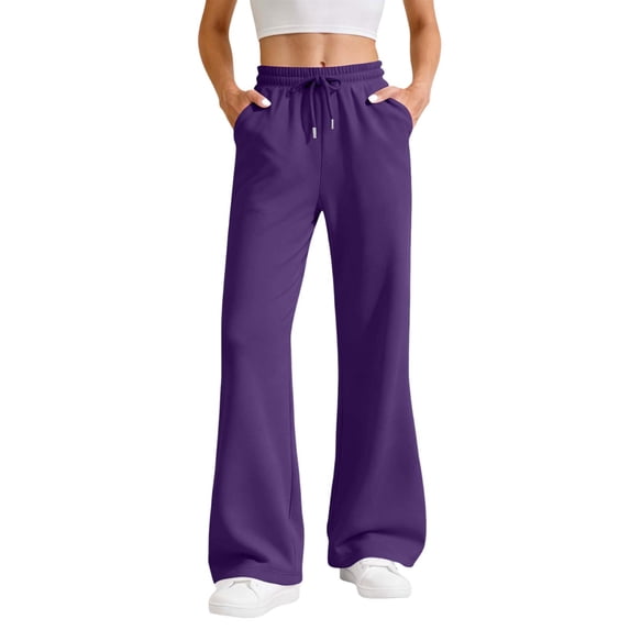 Women's High Waisted Sweatpants Flare Drawstring Solid Joggers with Pockets Purple XL