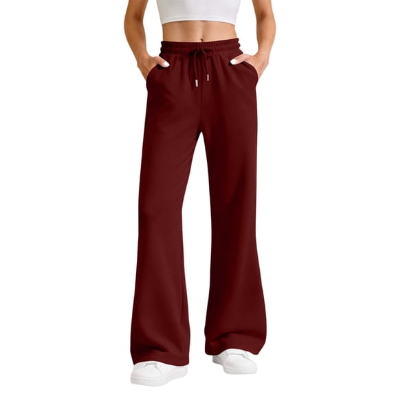 Women's High Waisted Sweatpants Flare Drawstring Solid Joggers with Pockets Wine XL