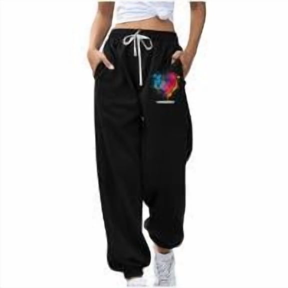 Women's High Waisted Sweatpants Workout Active Heart-Shaped Printed Sports Casual Drawstring Long Workout Loose Pants Black (S)