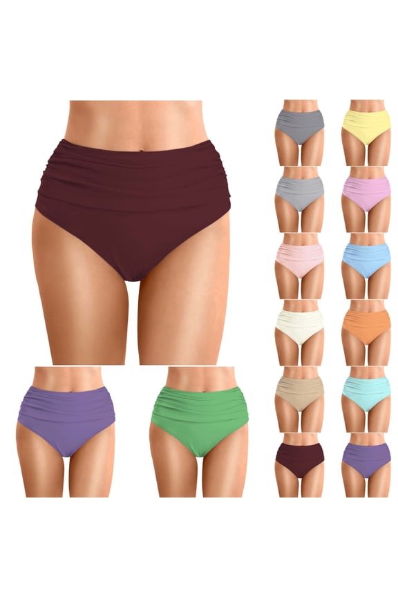 Women's High Waisted Swimsuit Bottom Tummy Control Ruched Bikini Bottom Vintage Swim Bottom Tankini Briefs