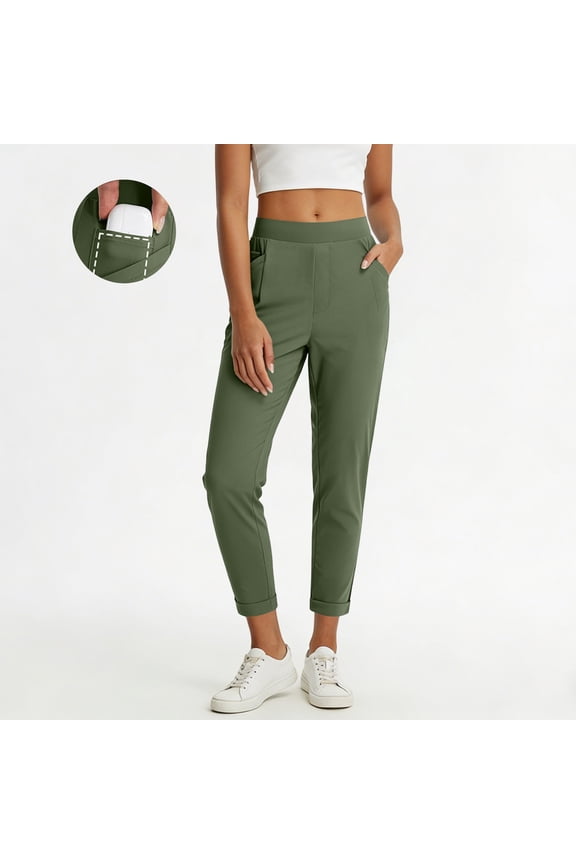 Women's High Waisted Tapered Pants with Pockets, Lightweight Stretchy Ankle Trousers for Work Casual Daily Wear Green S