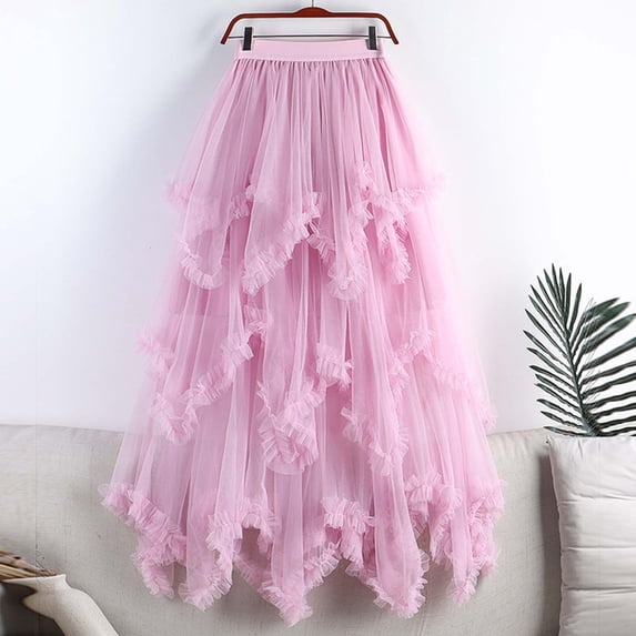 Women's High Waisted Tulle Maxi Skirt Multi Tiered Layered Mesh A-Line Long Skirt Ruffle Trim Flowy Elegant Princess Skirt For Photography Party Wedding
