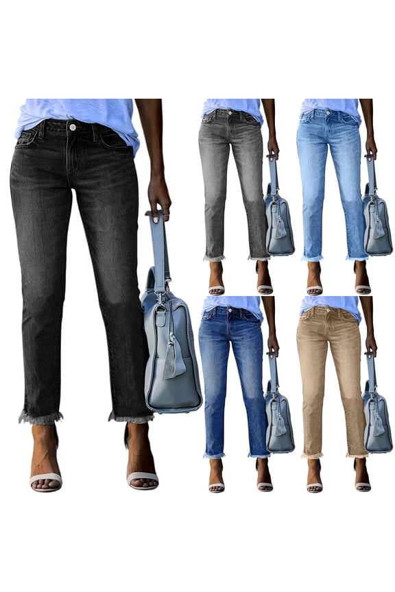 Women's High Waisted Tummy Control Straight Ankle Ripped Jeans