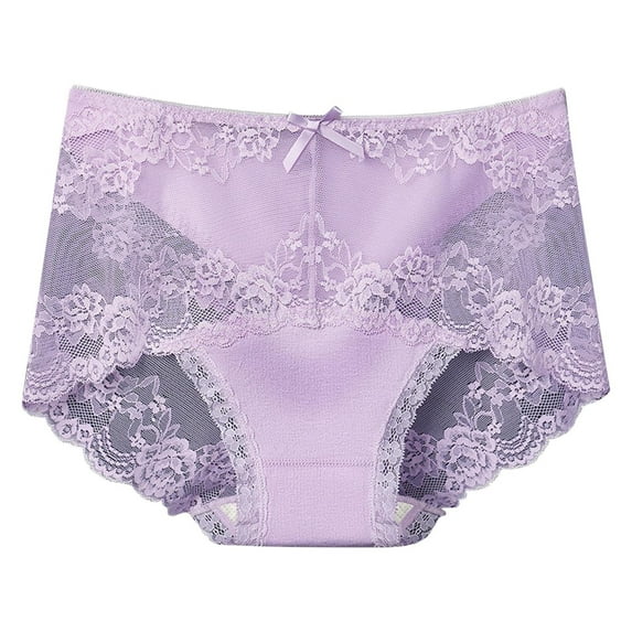 Women's High Waisted Underwear Lace Hollow Brief Full Coverage Panties Breathable Comfort Undies, Purple, Large