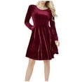thumbnail image 1 of Women's High Waisted Velvet Dress Casual Long Sleeve Crew Neck Dress A-Line Flowy Dress With Pockets, 1 of 5