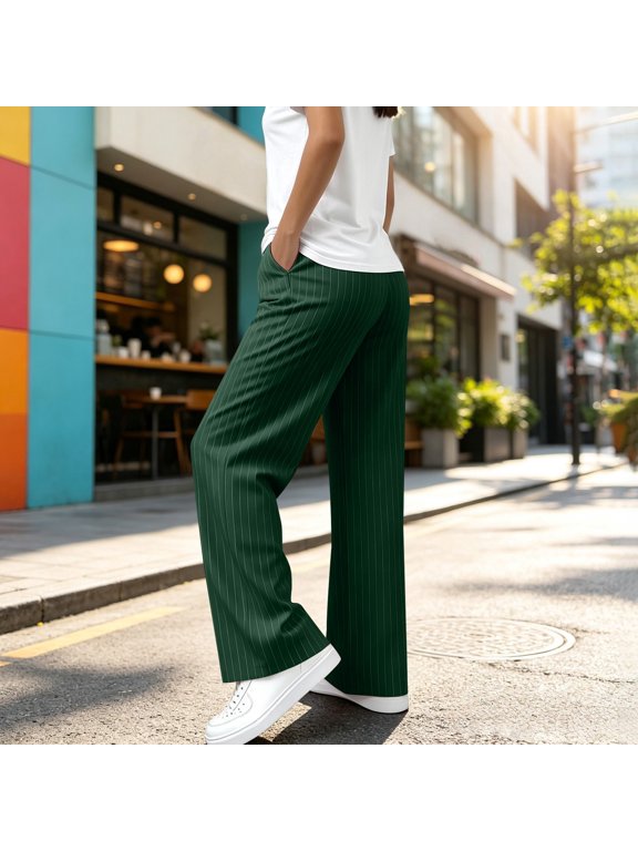 Women's High Waisted Vertical Striped Wide Leg Pants, Business Casual Dress Pants for Women, Solid Color Relaxed Fit Work Slacks for Spring Summer Office Travel Blackish Green L