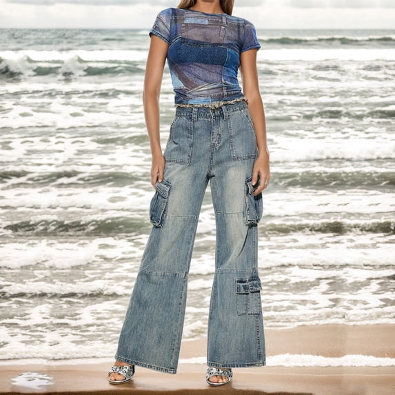 Women's High Waisted Vintage Stretchy Washed Bootcut Wide Leg Jeans Cargo Baggy Straight Denim Pants Women Designer Pants Denim Jean Pants for Women Lift Jean Pants Women High Waist Thick Denim Womens