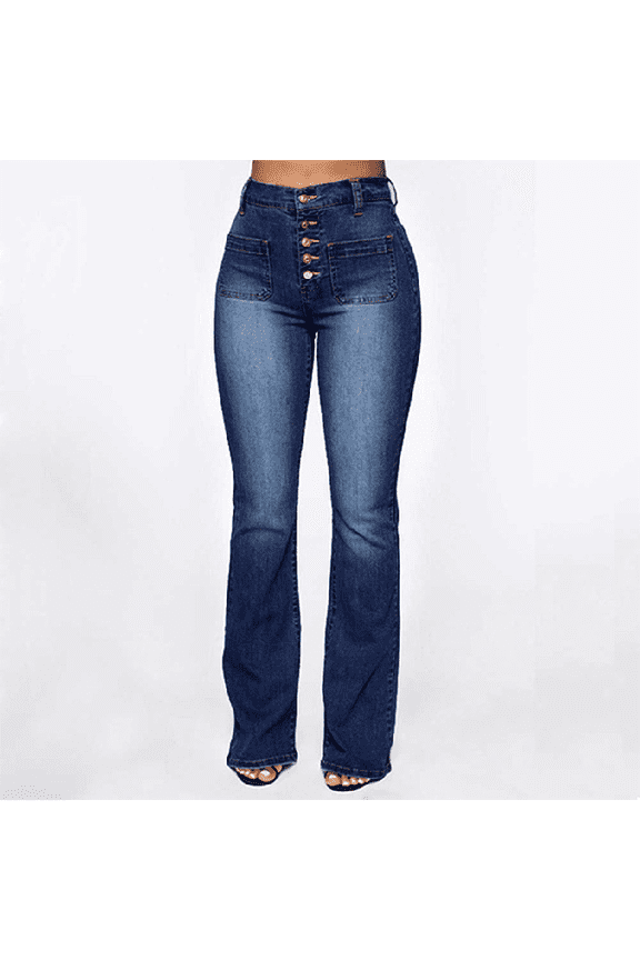 Women’s High-Waisted Washed Denim Jeans, Straight-Leg Long Pants with Button Patch Pockets, Casual Slimming Stretch Jeans for Daily Wear, Classic Comfortable Women’s Denim