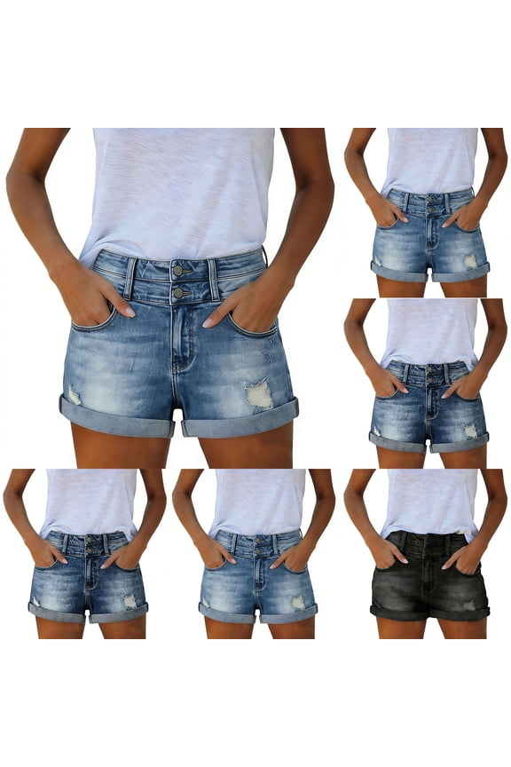 Women's High-Waisted Washed Ripped Denim Shorts, Distressed Cutoff Denim With Stretchy Fabric, Button Fly Zip Front, Casual Summer Streetwear Jeans for Shopping, | TruBelle,Black M